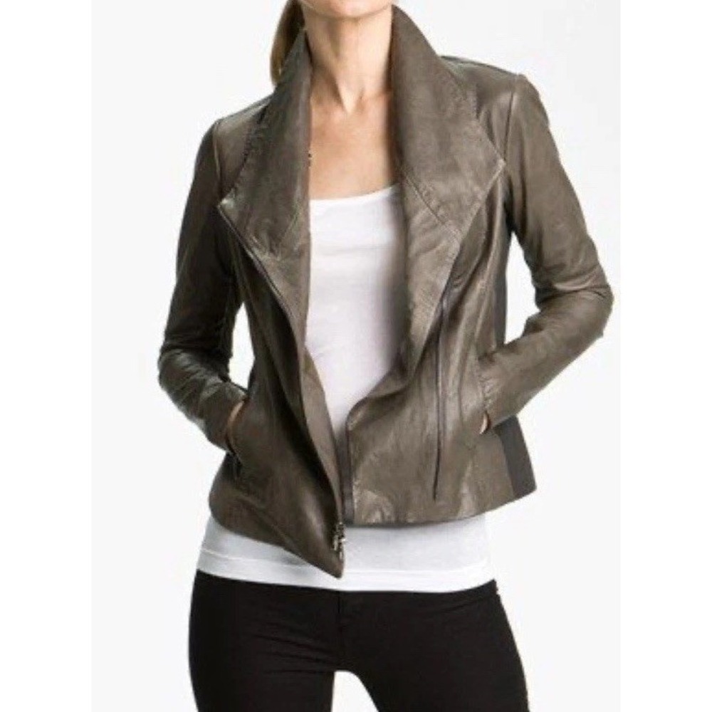 VINCE Women Soft Paper Leather Scuba Moto Jacket Asymmetrical Zip Size XS